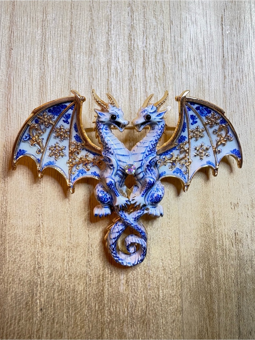 Blue & White Double Dragon Enamel Brooch